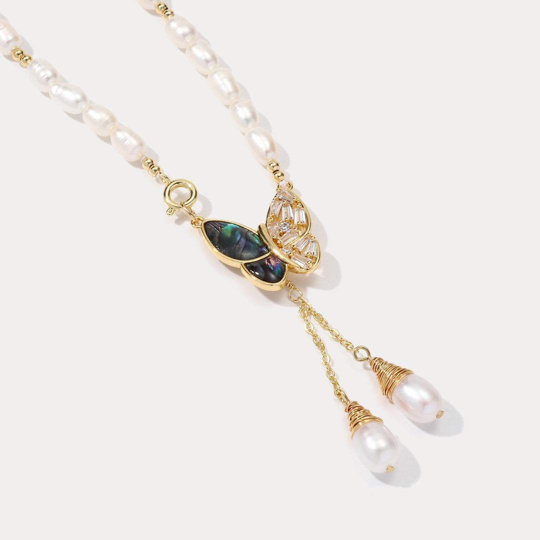 Butterfly Pearl Diamond Tassel Necklace