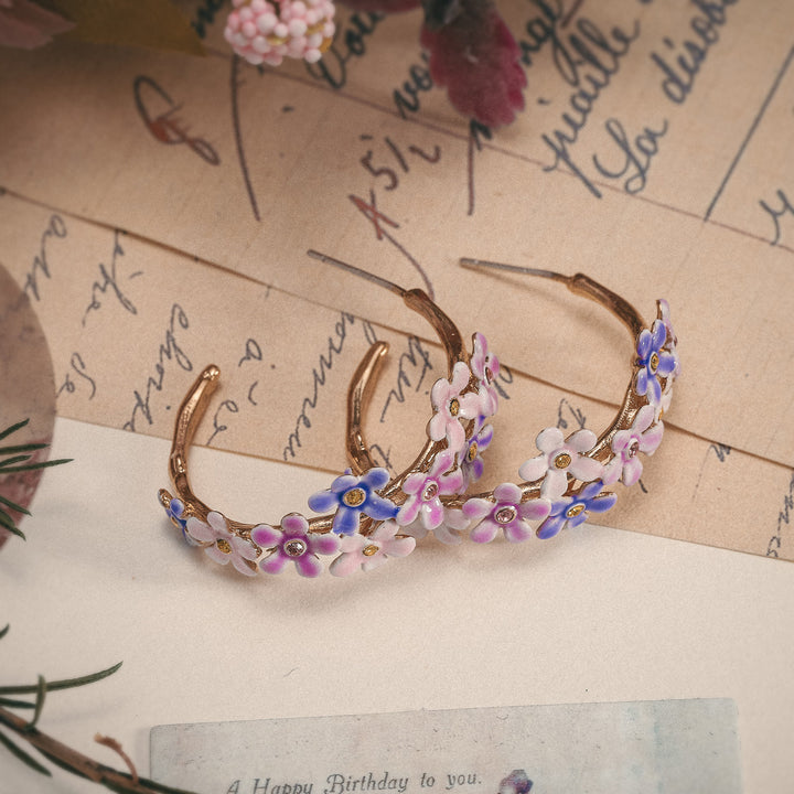 enamel forget me not flowers hoop earrings