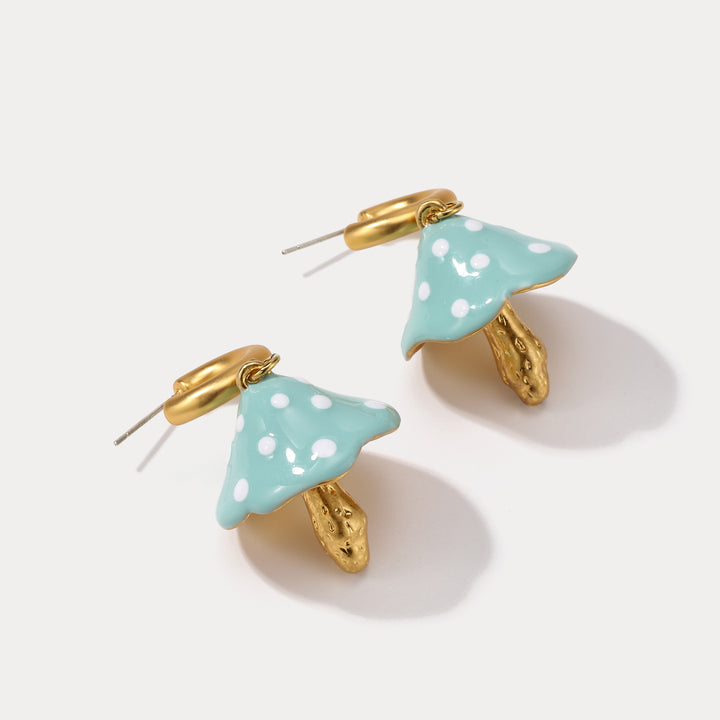 Blue Mushroom Gold Earrings