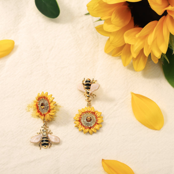 Enamel Sunflower & Bee Earrings