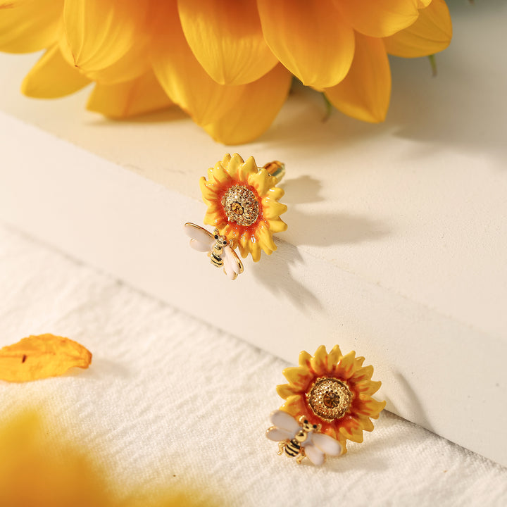 Vintage Sunflower & Bee Stud Earrings