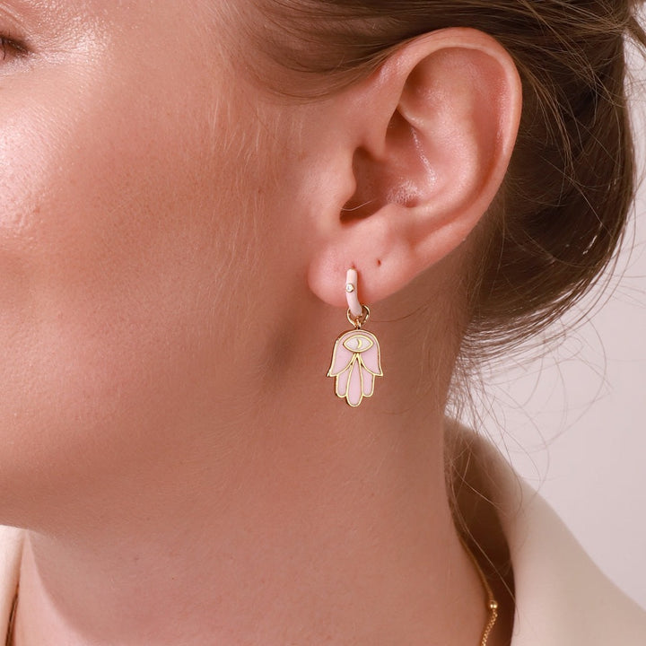 Pink Eye in Hand Drop Gold Earrings