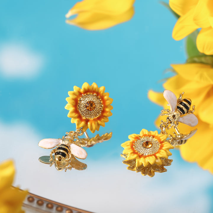 Sunflower & Bee Dangling Earrings