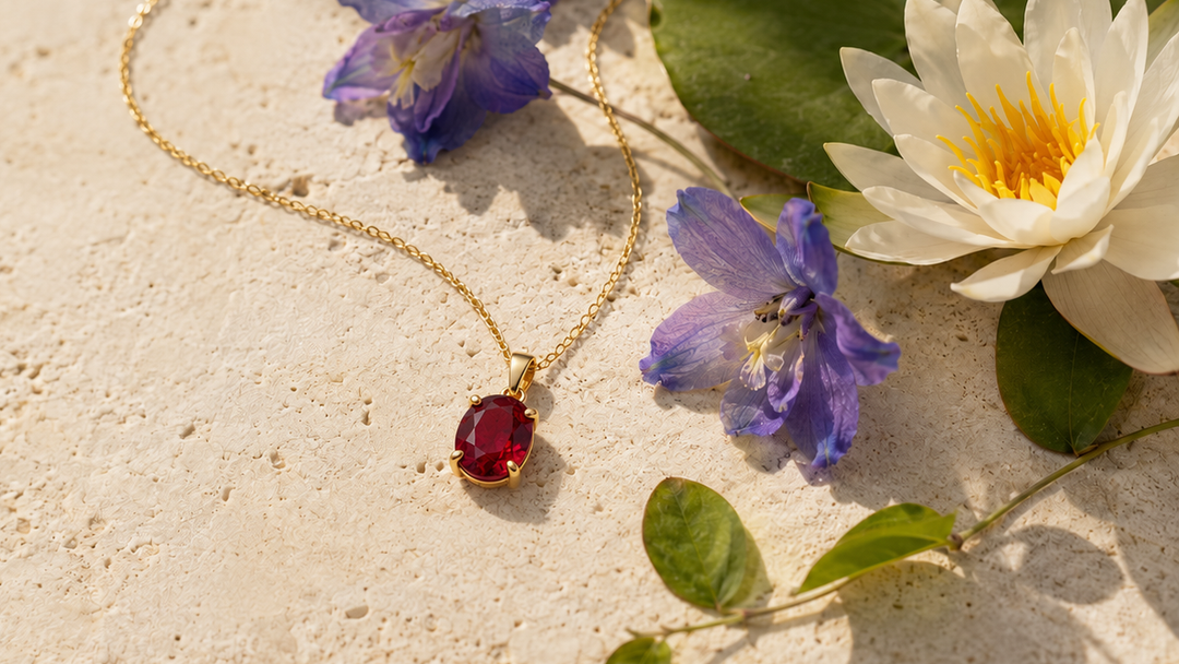 Ruby birthstone necklace with larkspur and water lily flowers Selenichast