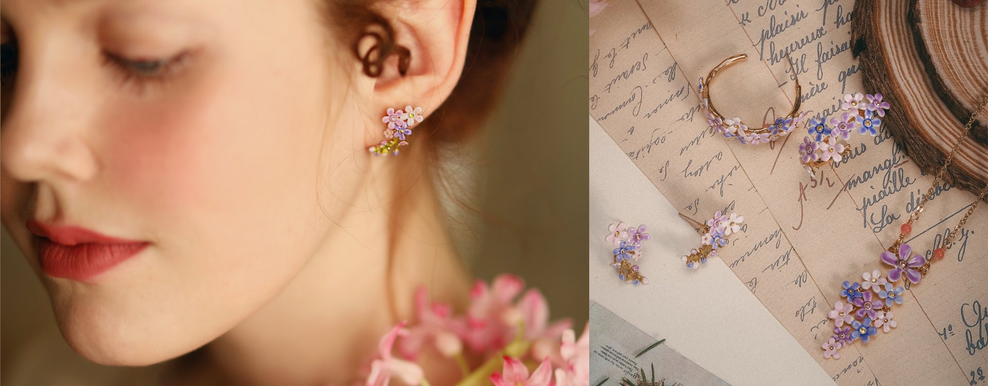 Selenichast forget-me-not jewelry in a romantic floral model and vintage scene