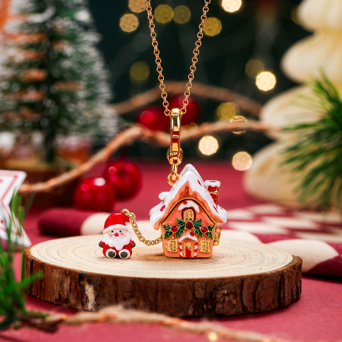 Selenichast Santa's Snow House Locket Necklace Christmas Jewelry