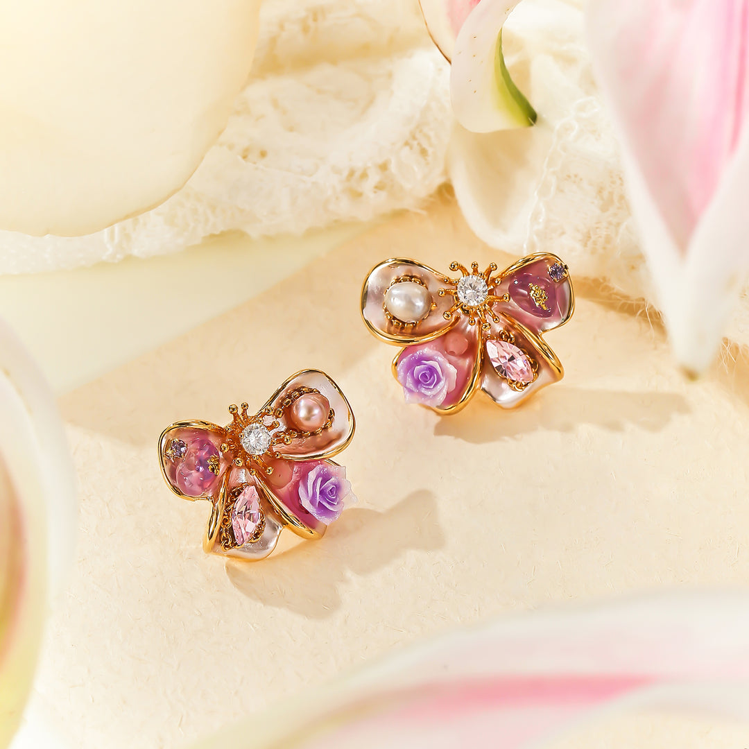 Butterfly Rose Stud Earrings Gift for Her