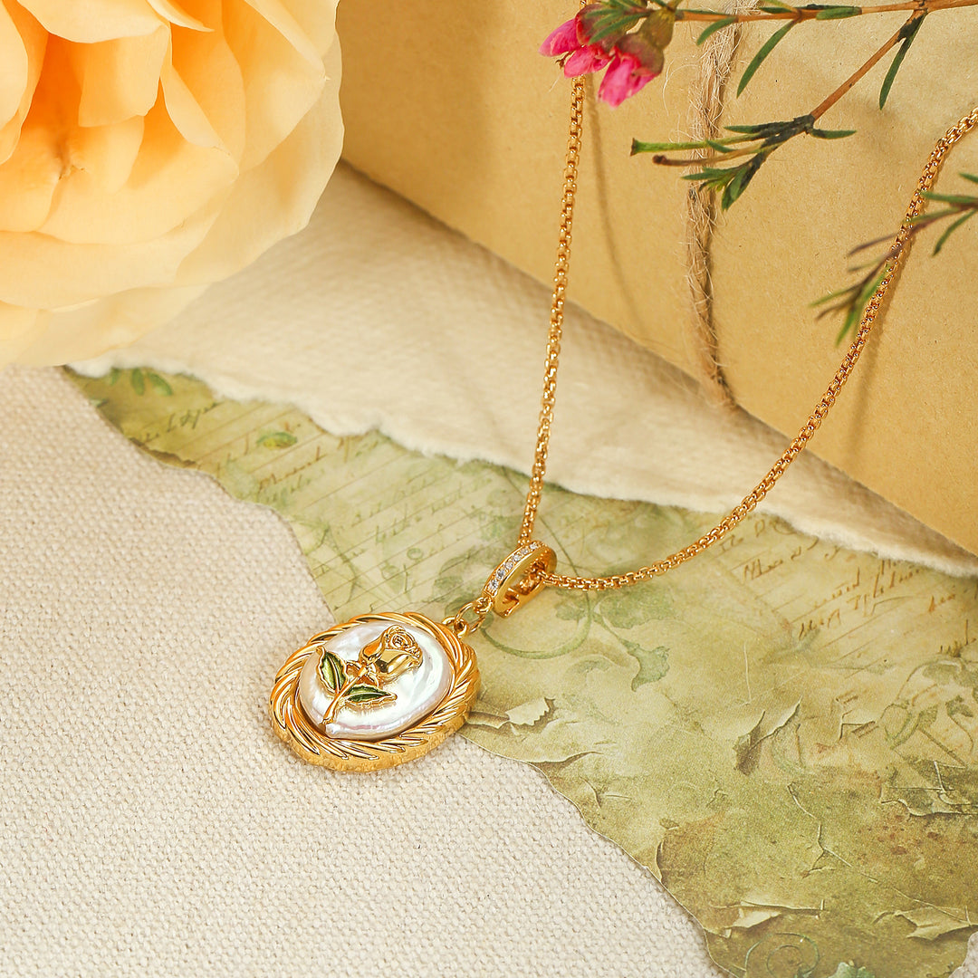 Rose Oil Painting Pendant Necklace Gift