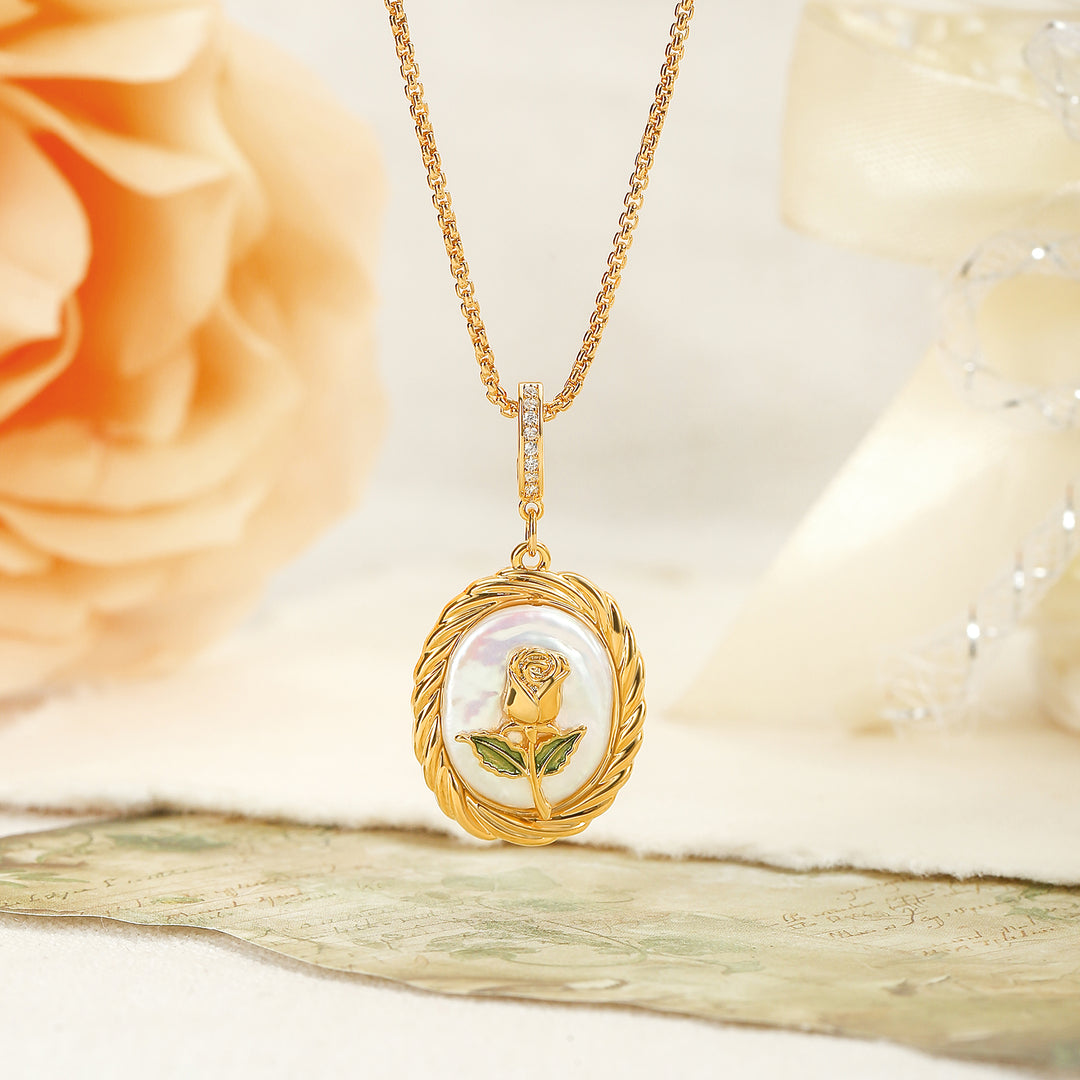 Rose Oil Painting Pendant Necklace Gift for Her