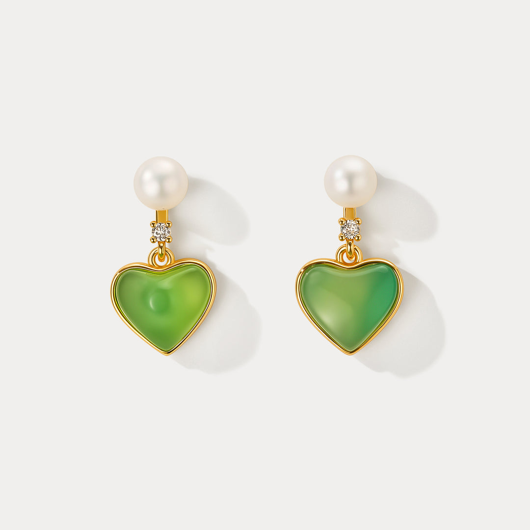 Selenichast Green Agate Heart Earrings