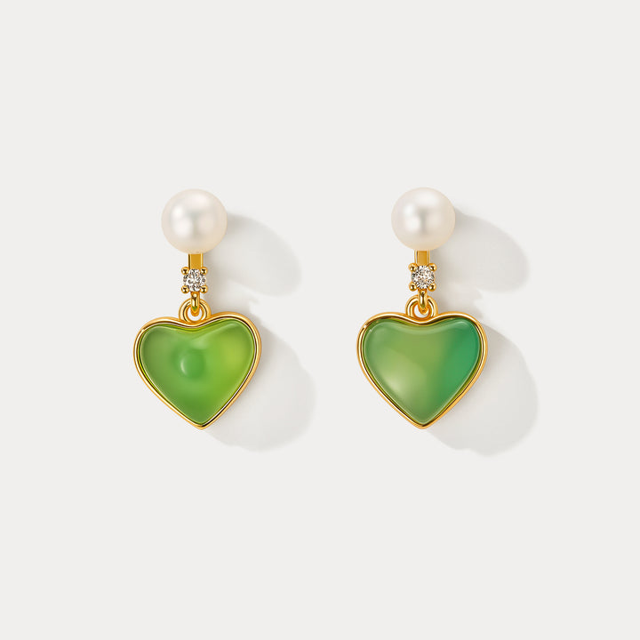 Selenichast Green Agate Heart Earrings