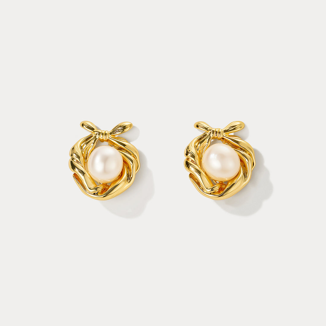 Selenichast Bow Pearl Stud Earrings