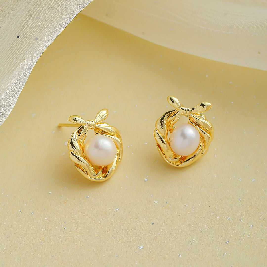 Bow Pearl Stud Earrings Gift for Her