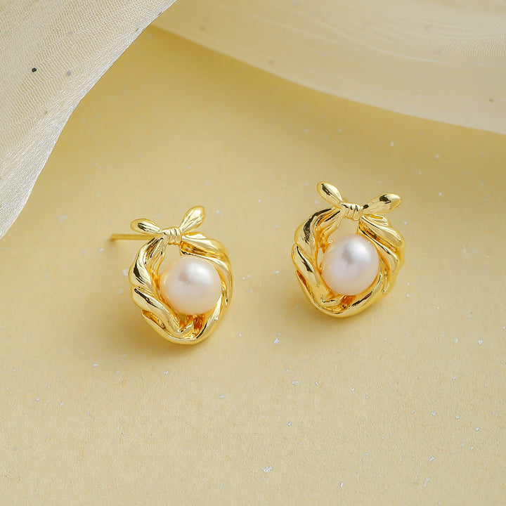 Bow Pearl Stud Earrings Gift for Her