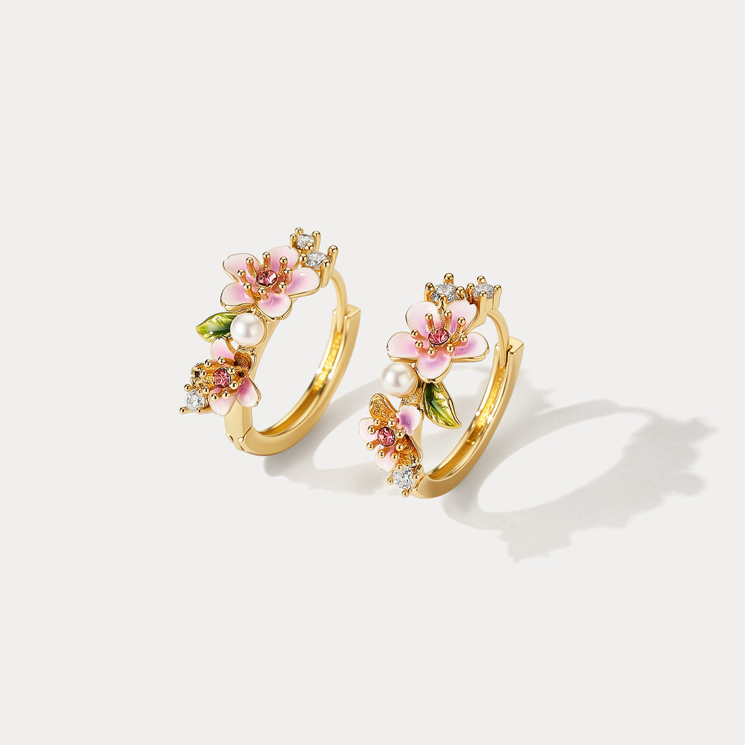 Sakura Blossom Enamel Hoop Earrings