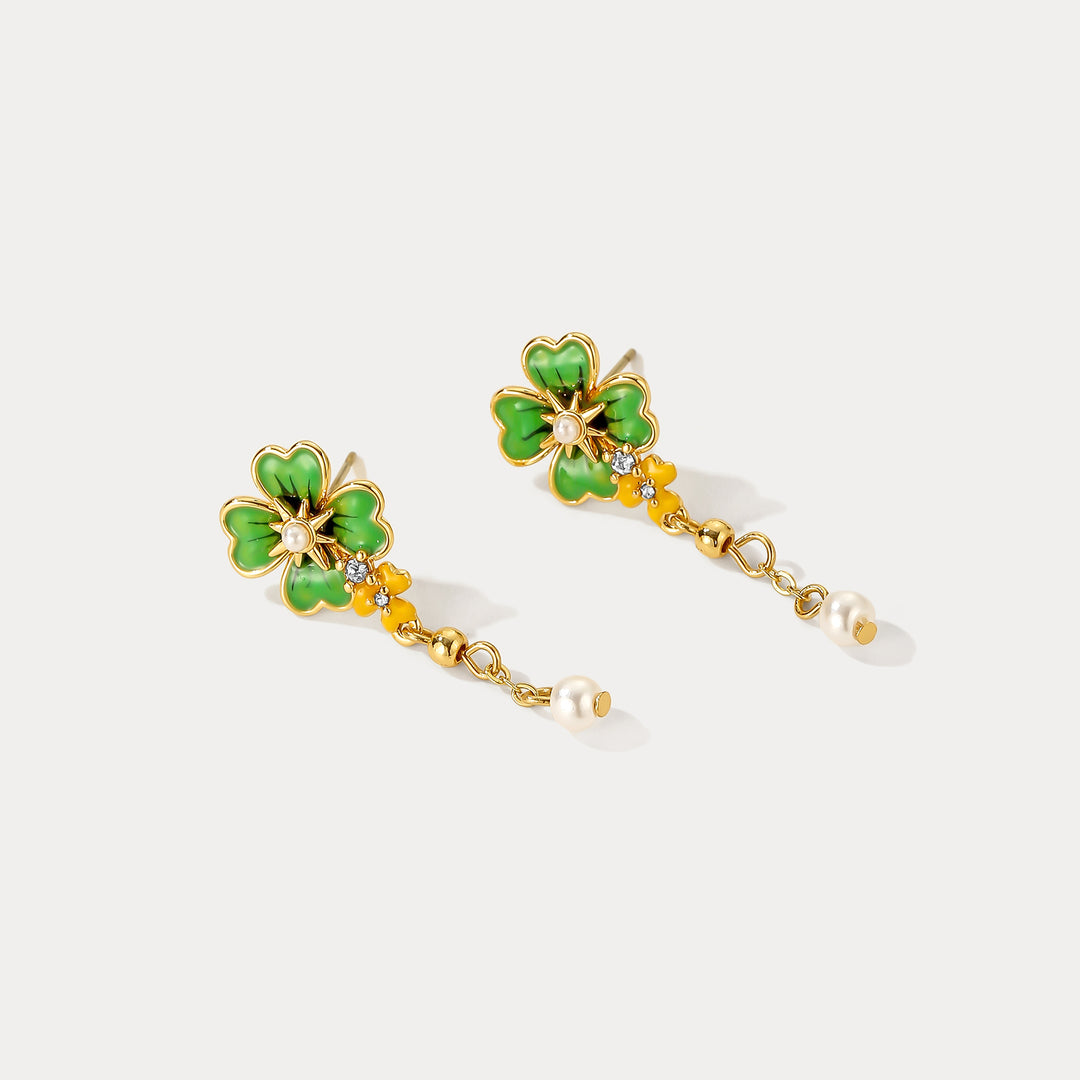 Four Leaf Clover Enamel Earrings Gift