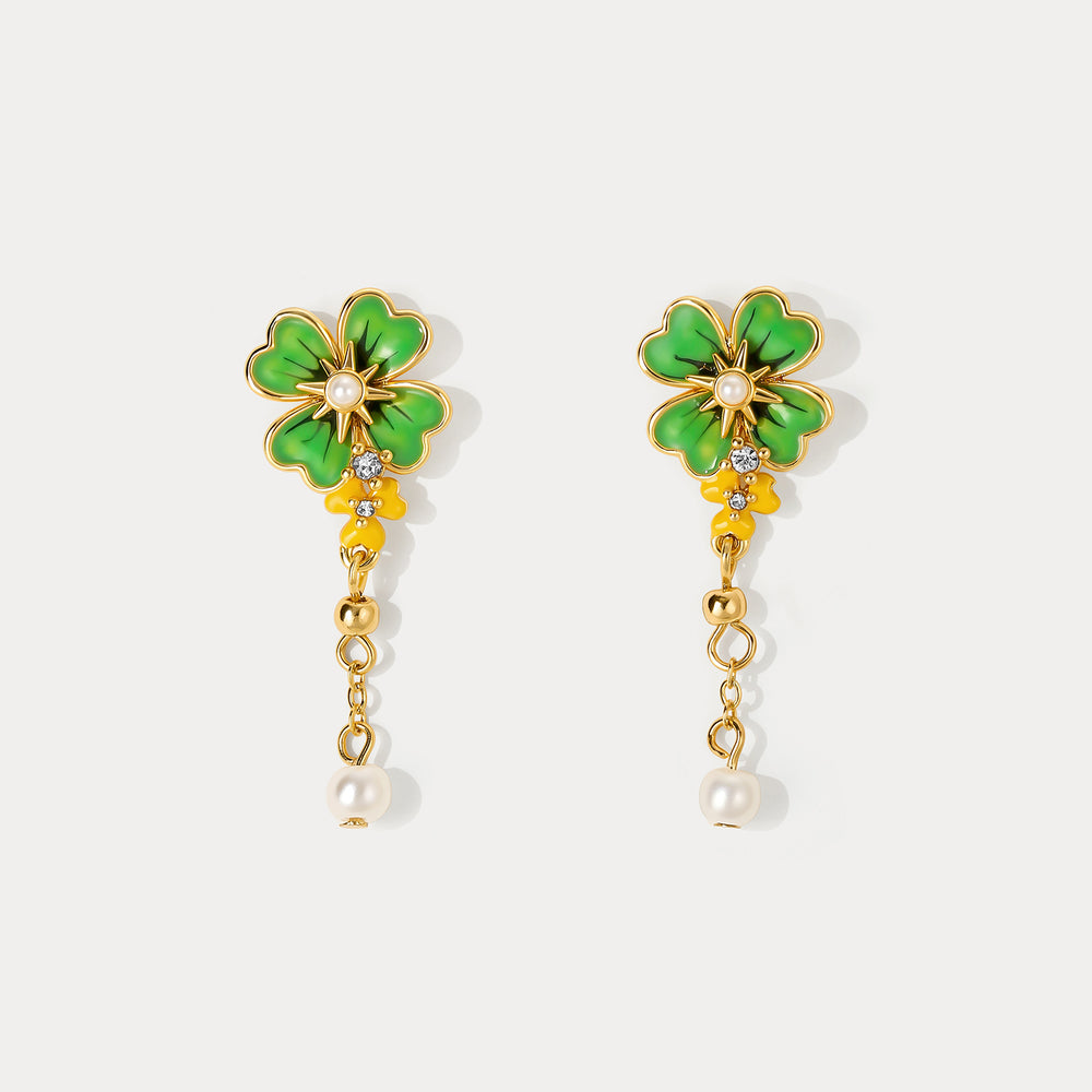Selenichast Four Leaf Clover Enamel Earrings