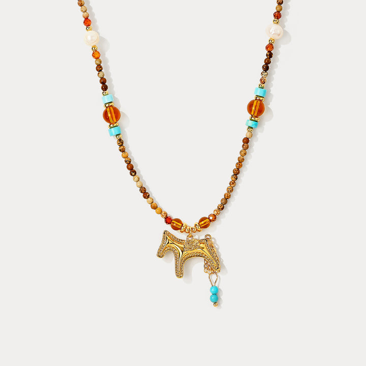 Selenichast Agate Beaded Horse Necklace
