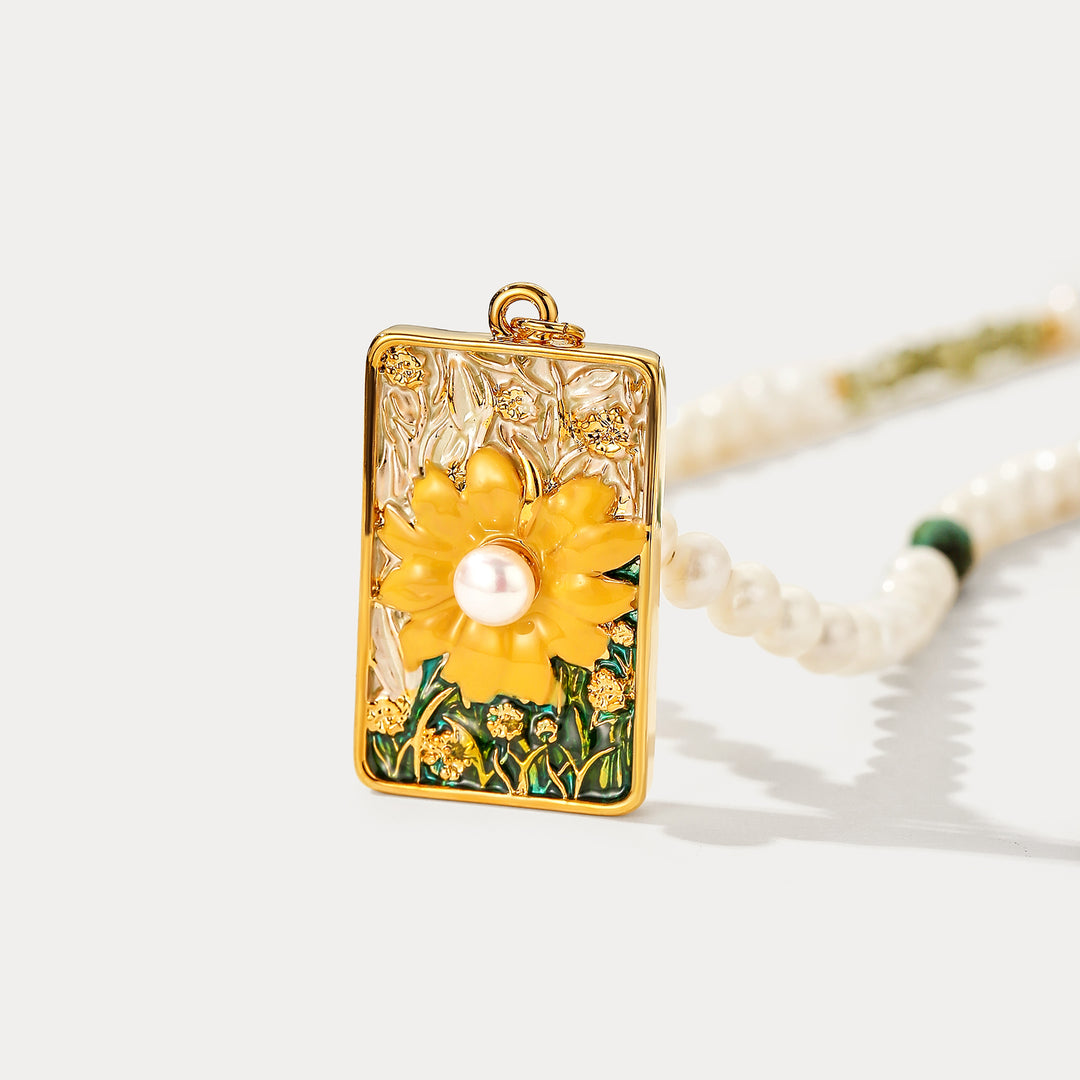 Sunflower Oil Painting Pearl Necklace