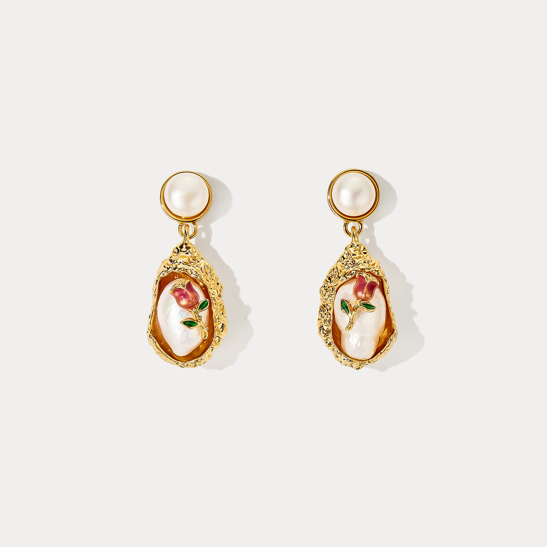 Selenichast Golden Rose Pearl Earrings