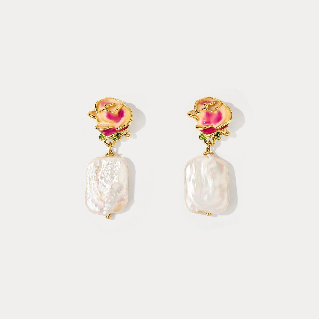 Selenichast Baroque Pearl Rose Drop Earrings