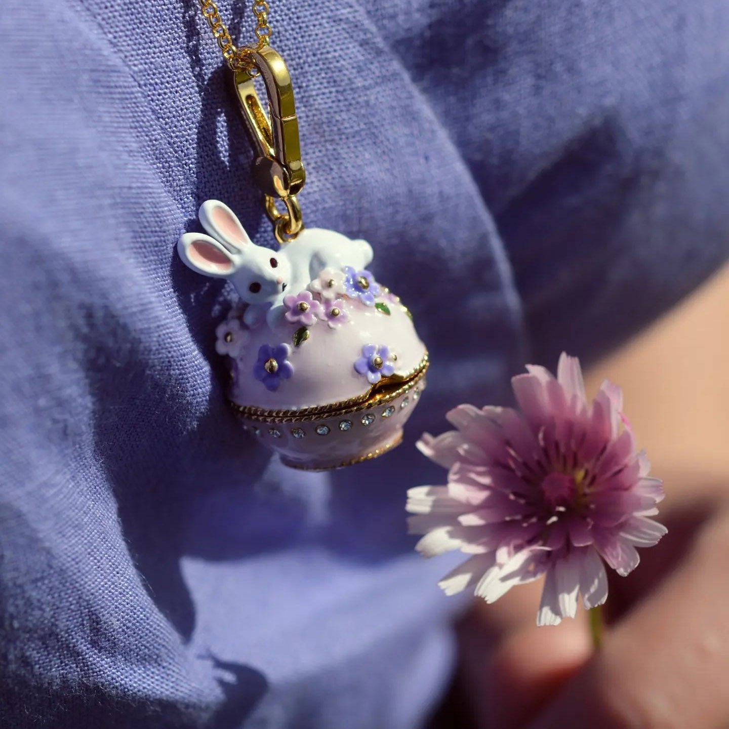 Gold Rabbit Flower Box Pendant Necklace