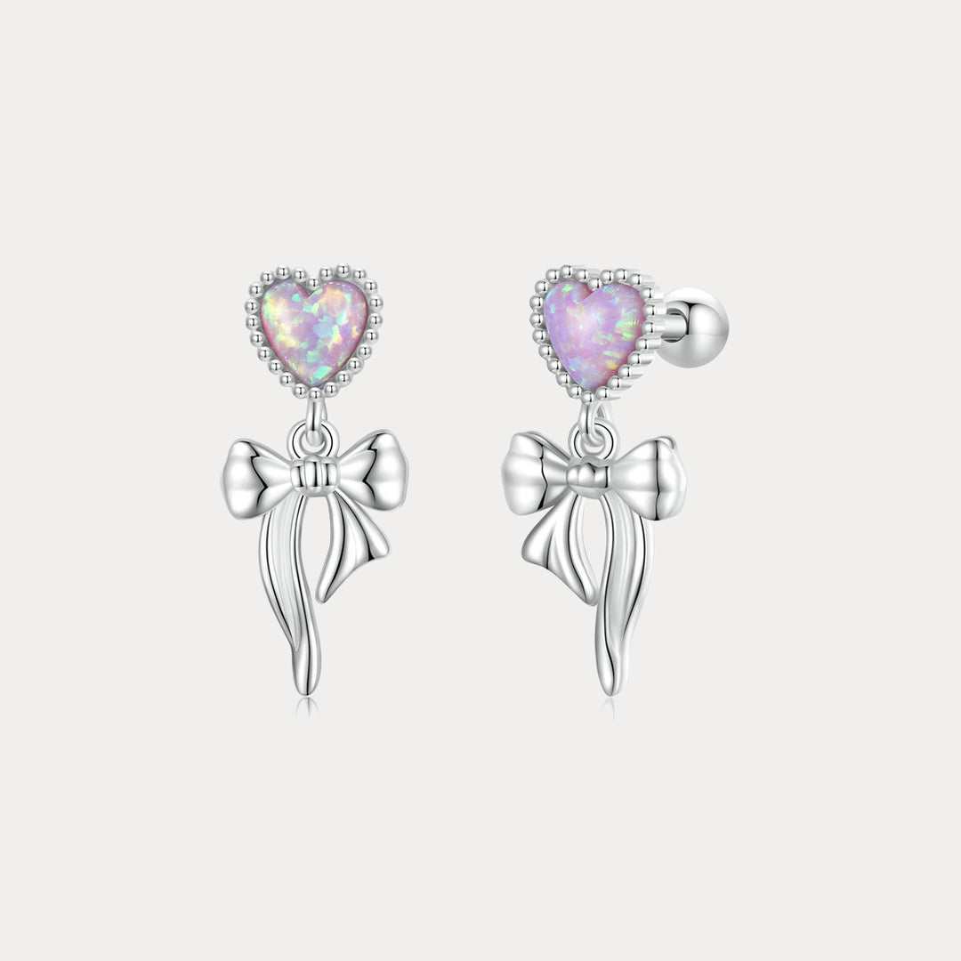 Selenichast Pink Opal Heart Bow Earrings