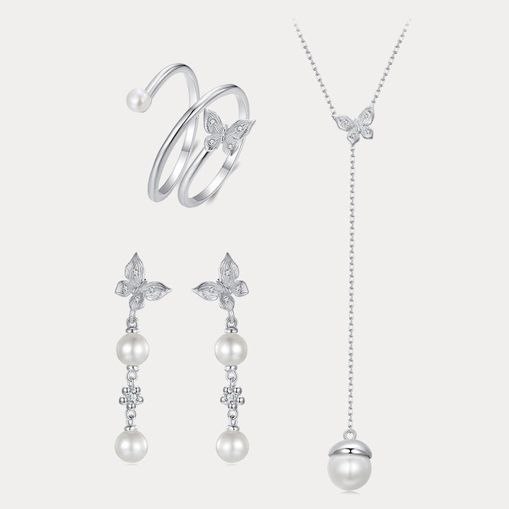 Silver Butterfly Pearl Drop Earrings