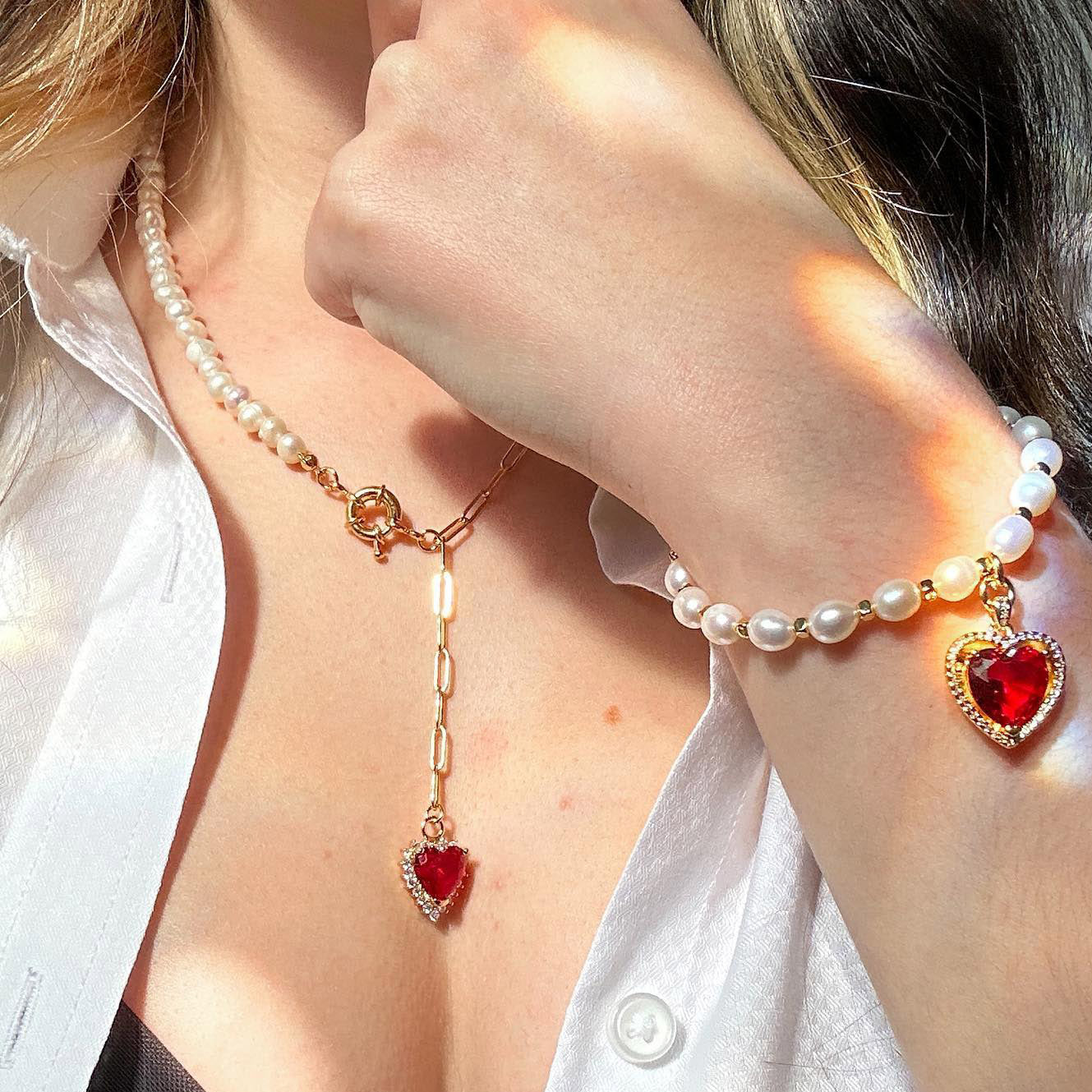 Heart Gem Pearl Gold Necklace&Bracelet