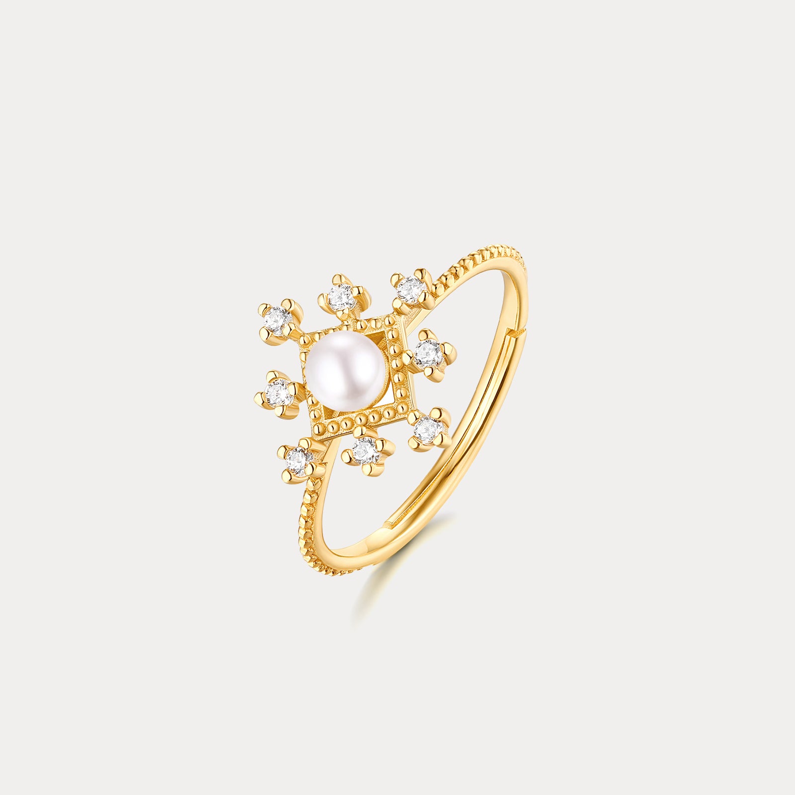 Gold Diamond Snowflake Pearl Ring