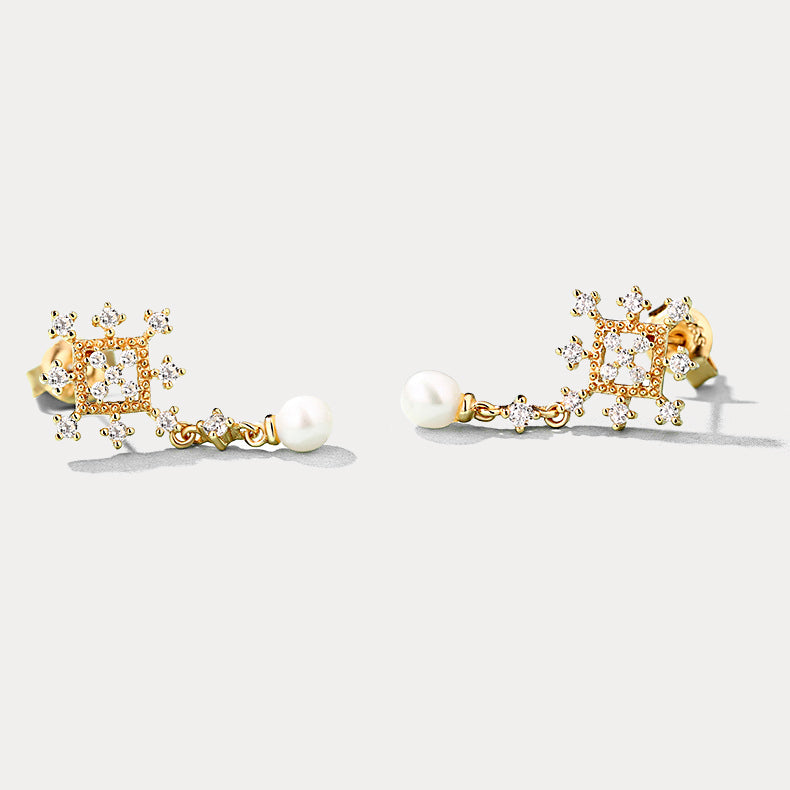 Gold Diamond Snowflake Pearl Earrings