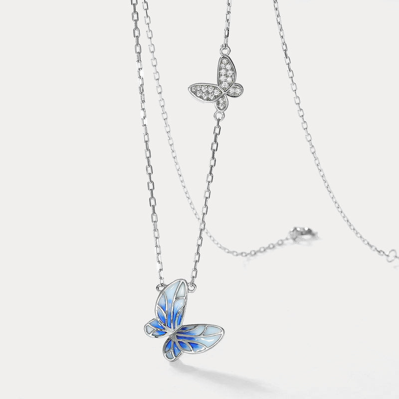Azure Enamel Butterfly Silver Necklace