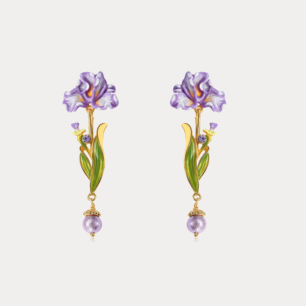 Iris Flower Drop Earrings | Enamel Iris Dangle Earrings With Pearl