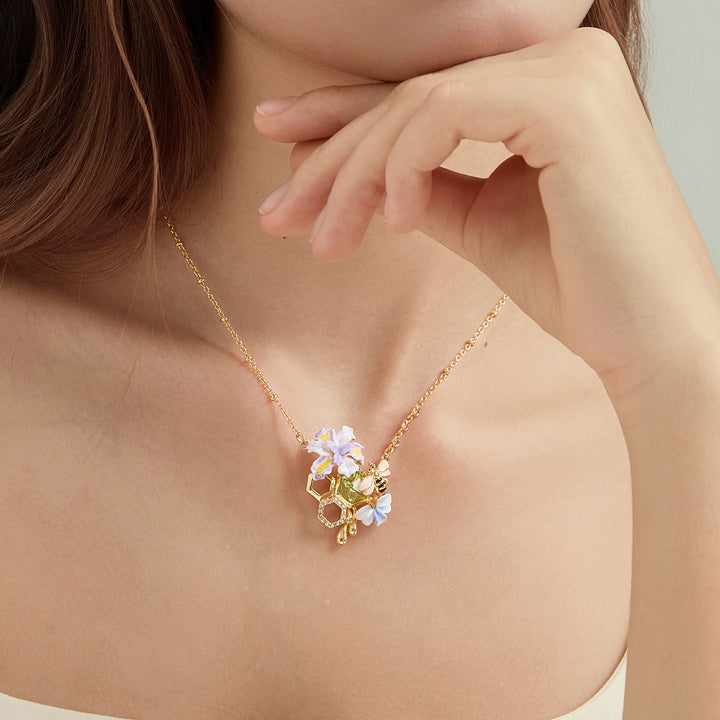 Iris Flower Bee Pendant Necklace Gift