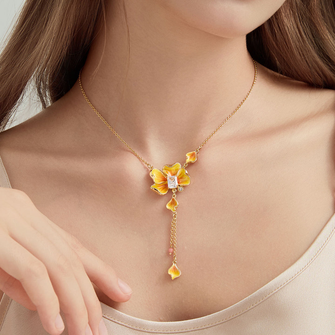 Selenichast Gold Flower Lariat Necklace Enamel jewelry