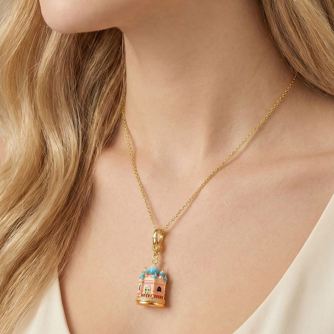 Selenichast Castle Locket Necklace Enamel Jewelry