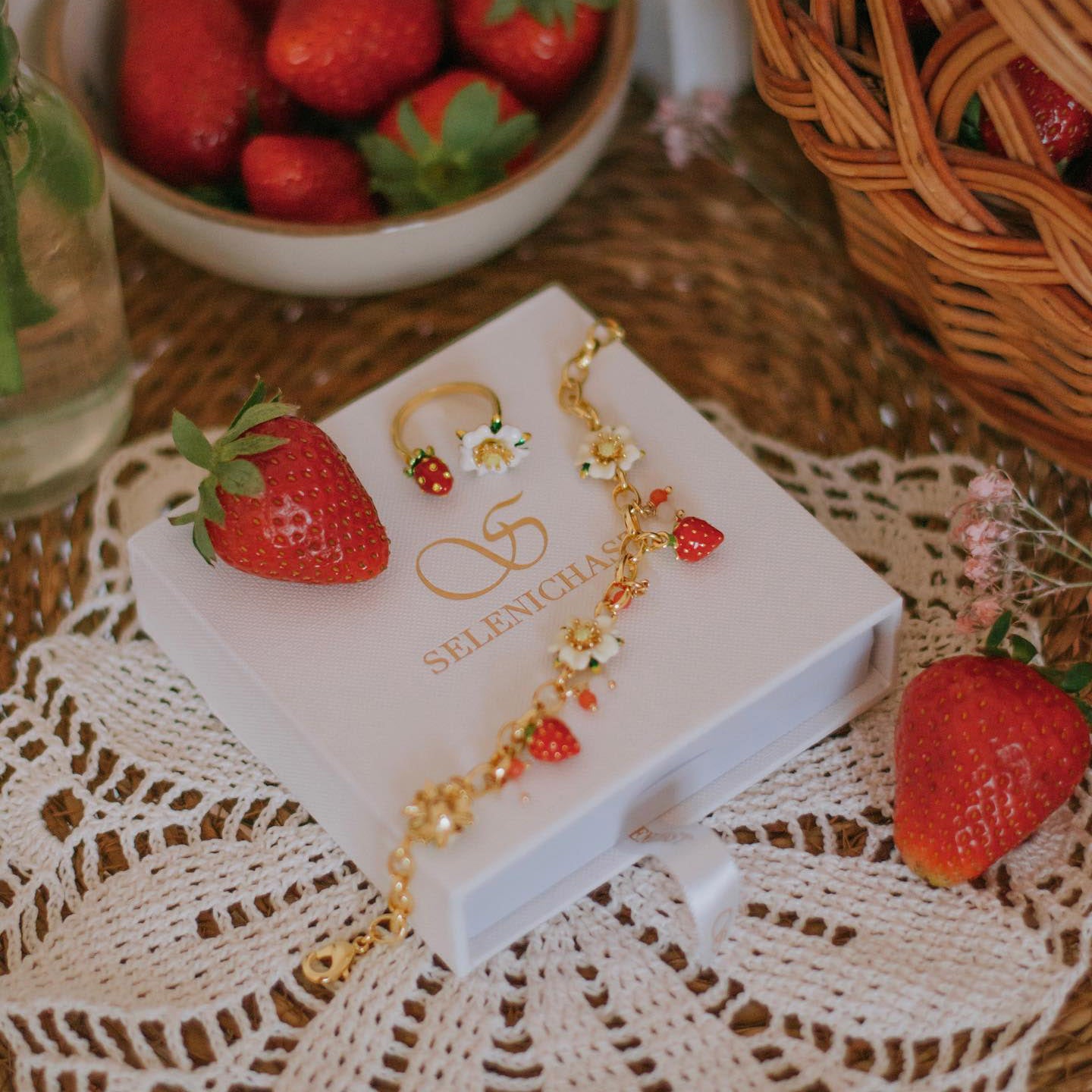 Strawberry Ring Enamel Jewelry Set