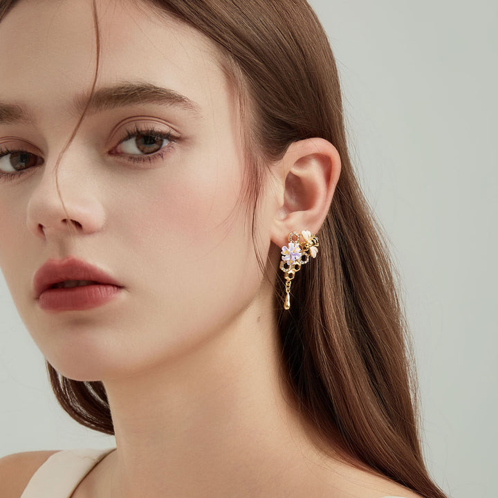 Iris Flower Bee Drop Earrings