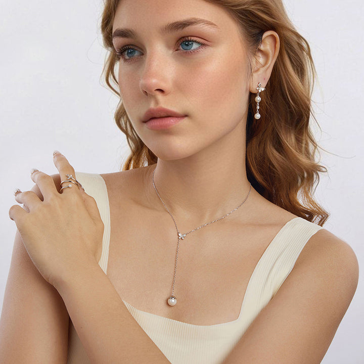 Silver Butterfly Pearl Drop Earrings