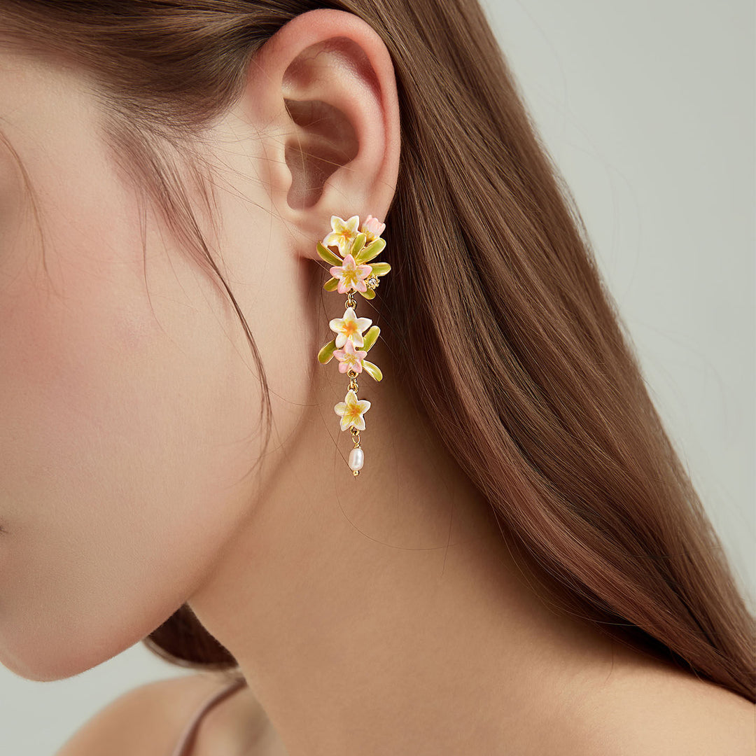 Selenichast Plumeria Pearl Drop Earrings Enamel jewelry