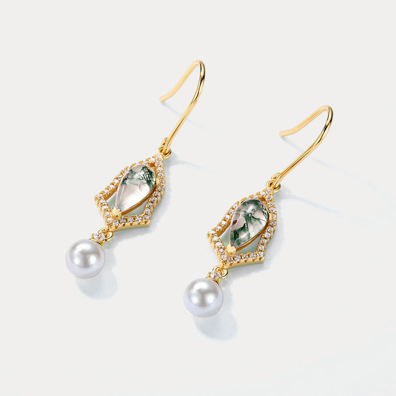 Moss Agate Drop Earrings with Pearl