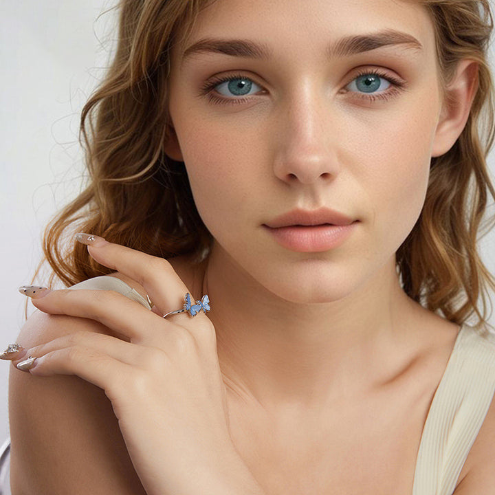 Silver Blue Butterfly Ring Gift