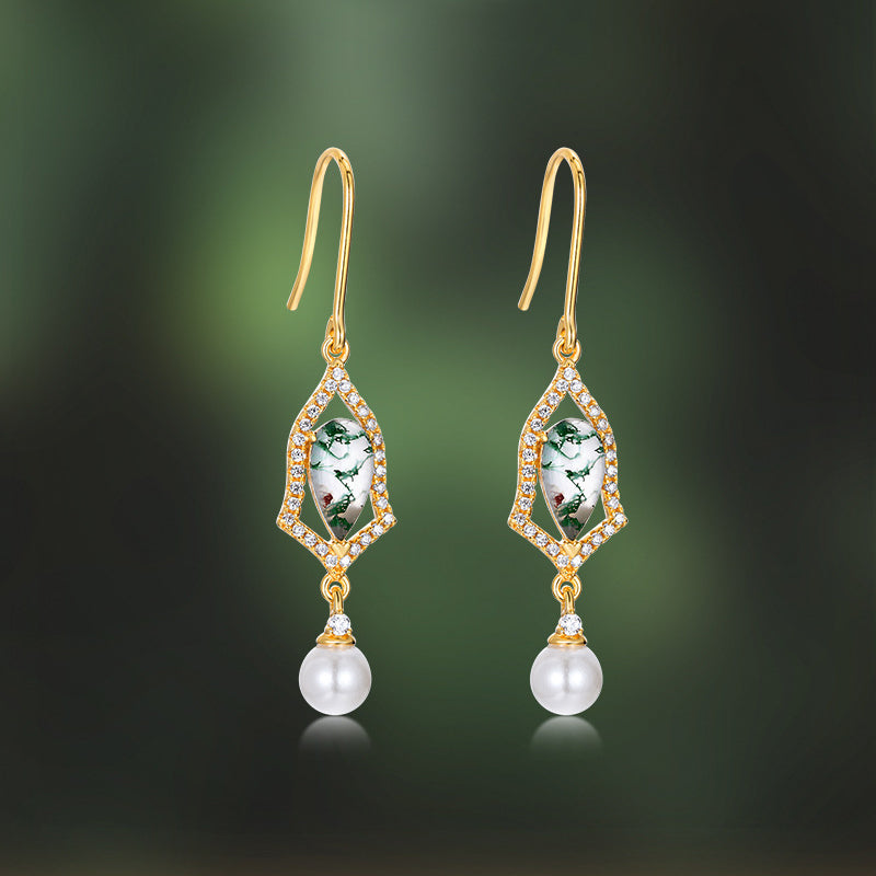 Moss Agate Drop Earrings with Pearl