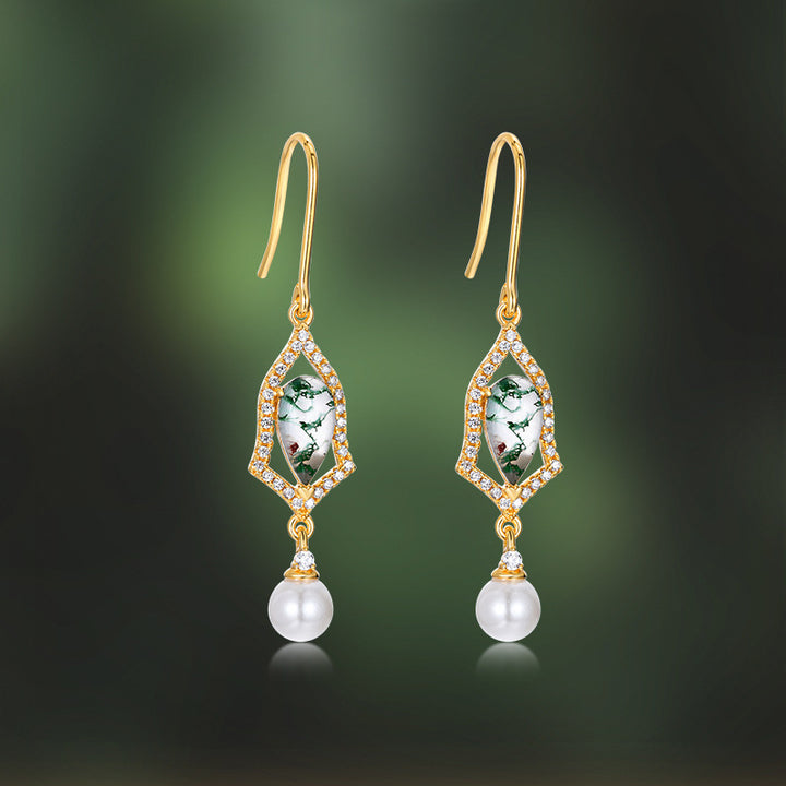 Selenichast Moss Agate Drop Earrings with Pearl