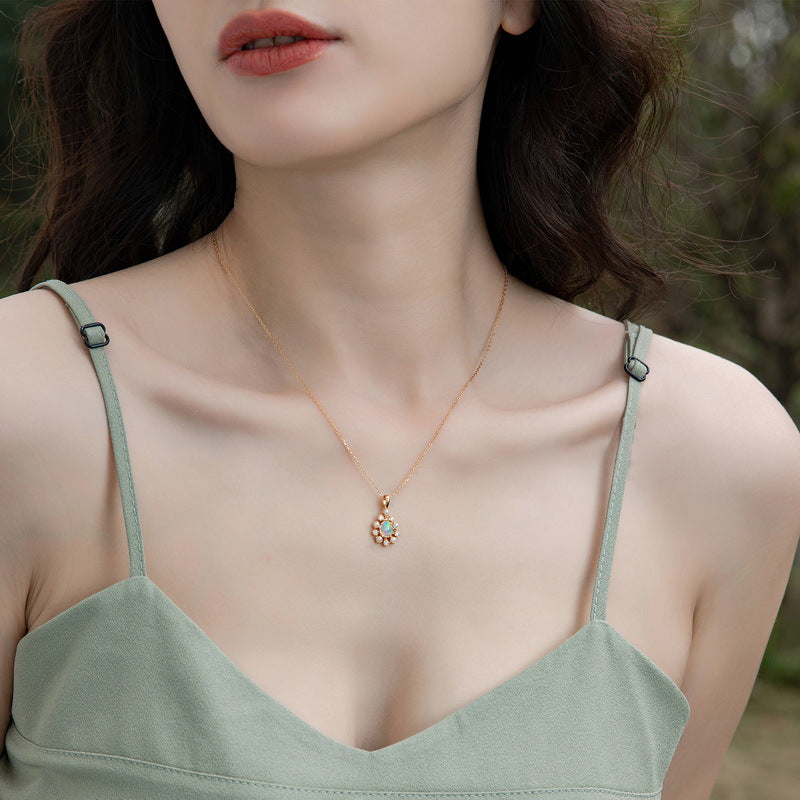 Opal Diamond Pendant Clavicle Gold Necklace