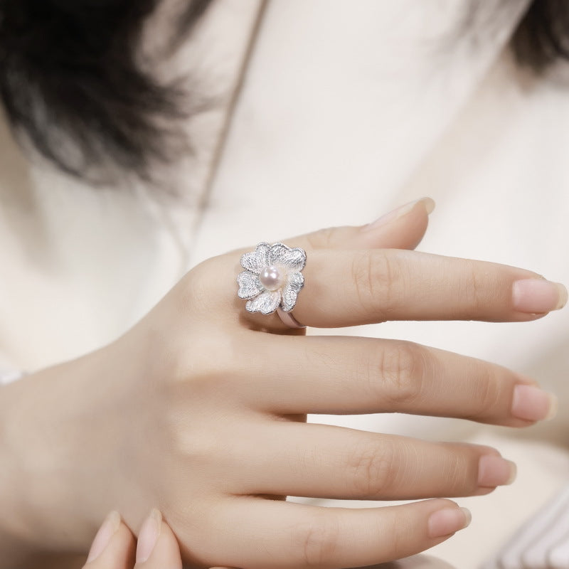 Silver Orchid Pearl Ring