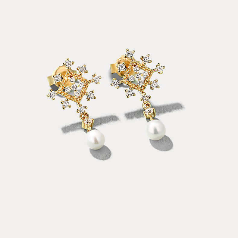 Gold Snowflake Pearl Drop Earrings