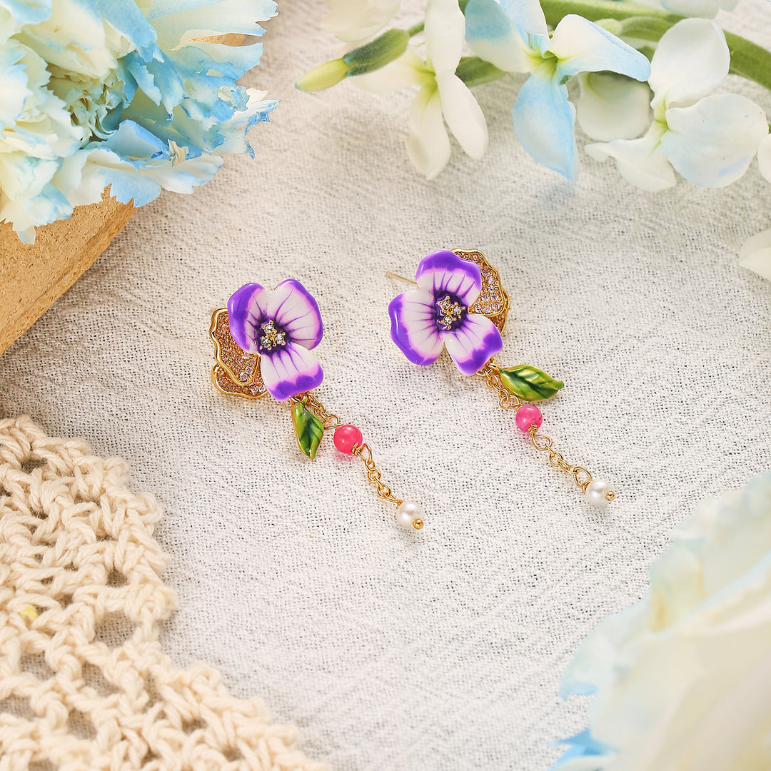 Enamel Purple Pansy Earrings Gift for Her