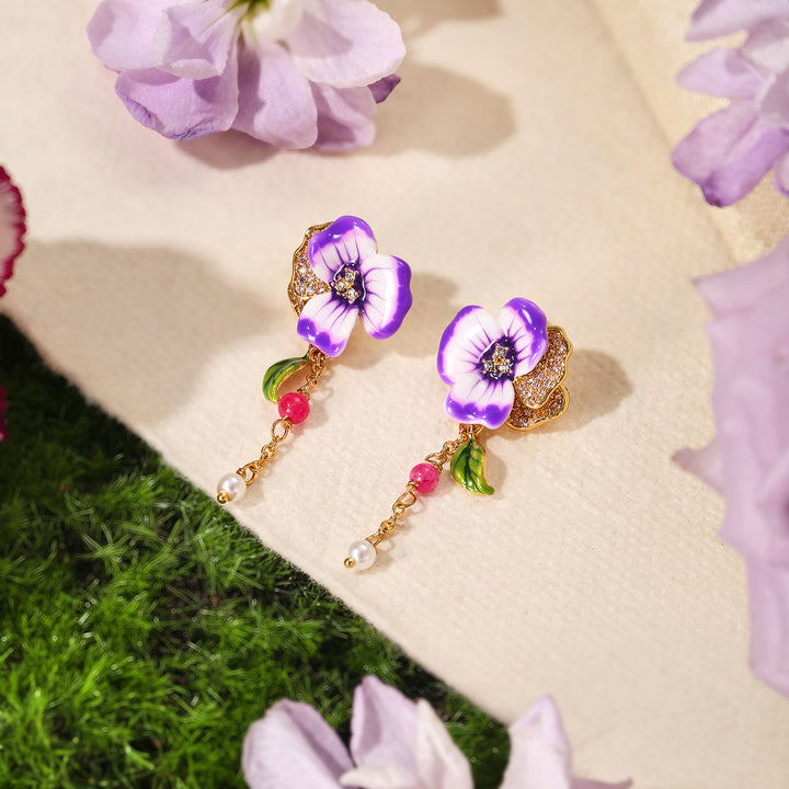 Enamel Purple Pansy Earrings Gift