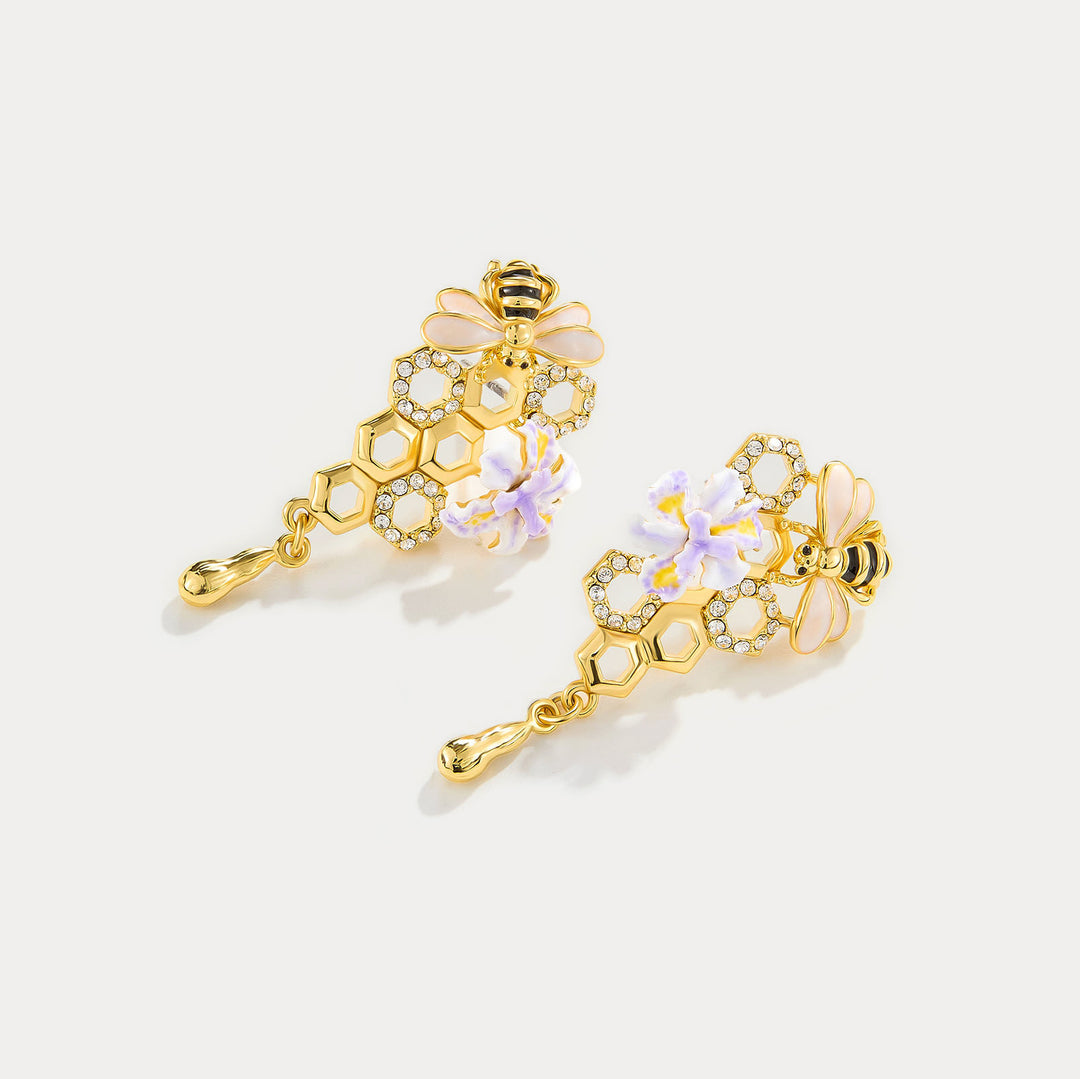 Iris Flower Bee Drop Earrings Gift for Her